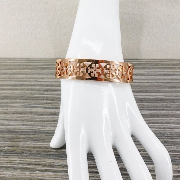 Tory Burch TB Gold Logo Cut out Cuff Bracelet Rose Gold OS - Picture 6 of 12
